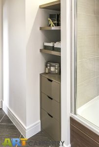 Bathroom bookcase with floating shelves. Made from humidity resistant MDF